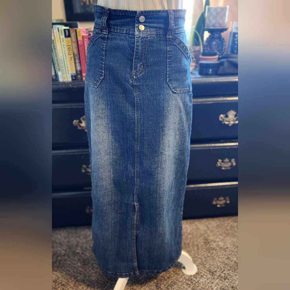 💙 Y2K high waist maxi denim skirt front slit long M